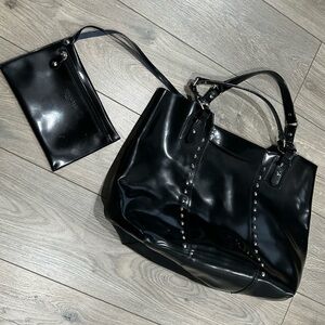Varriale Black Patent Leather Silver Studded Tote Bag With detachable Pouch